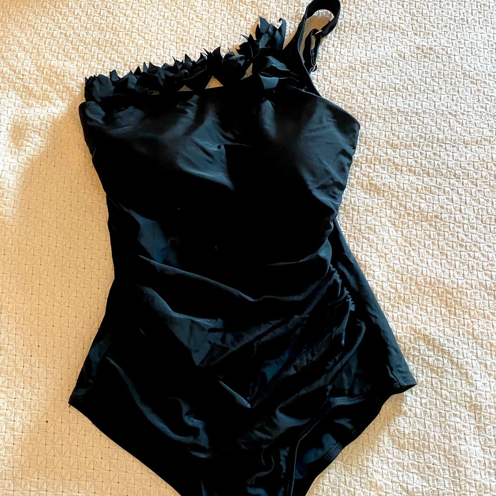 Black Ruffle One Shoulder XL Swimsuit One Piece